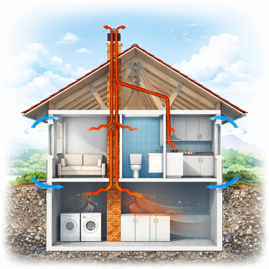 Diagram som visar hur självdragsventilation fungerar